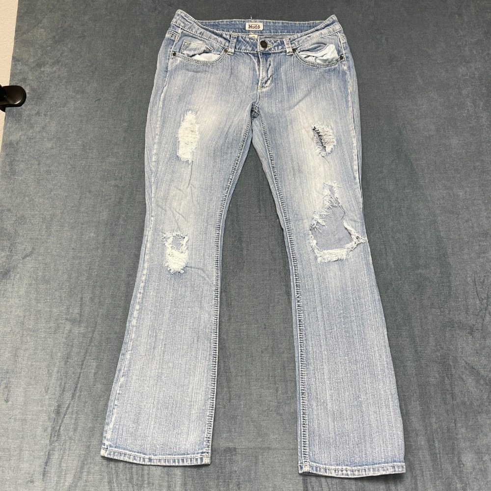 Vintage Y2K Mudd Jeans Womens 13 34x31 Blue Denim Stretch Distressed Bootcut Leg